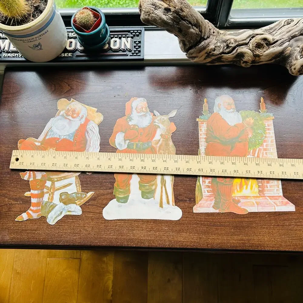 3 Santa Paper Cut Outs Christmas Wall Decor Vintage 11.5